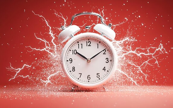 Alarm Clock Exploding in Time Freeze Effect on Red Background Representing Urgency and the Concept of Time : Generative AI