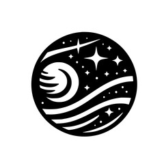 Celestial Night Sky Icon: Black and White Space Illustration