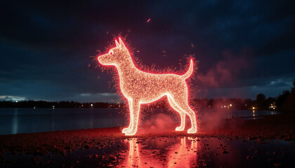 Firework Display in the Shape of a Dog Silhouette on the Beach at Night with Sparkling Reflections.