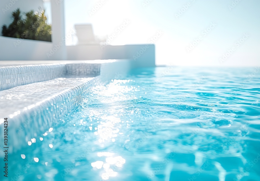 Poster close up of sparkling blue swimming pool water reflecting sunlight with white tile edge abstract sum