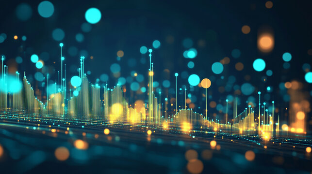 Abstract digital visualization of sound waves with vibrant colors and glowing particles in motion