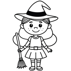 Cute cartoon Halloween witch character flying on a magic broom with a hat coloring page