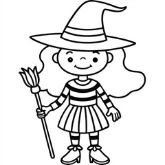 Cute cartoon Halloween witch character flying on a magic broom with a hat coloring page