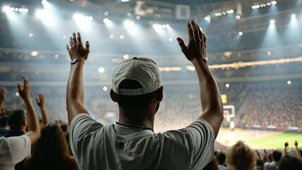 Excited basketball fan celebrating in bleachers during game