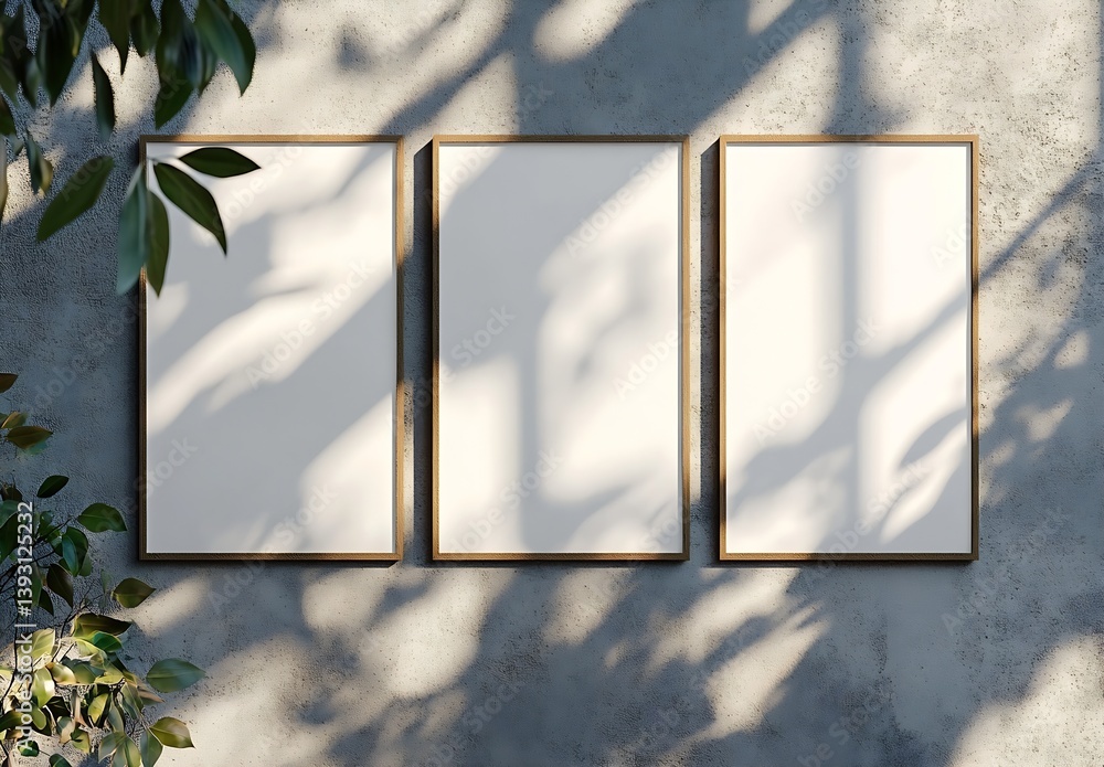 Aufkleber three blank frames mockup on a wall with natural leaf shadows perfect for artwork and photography sh