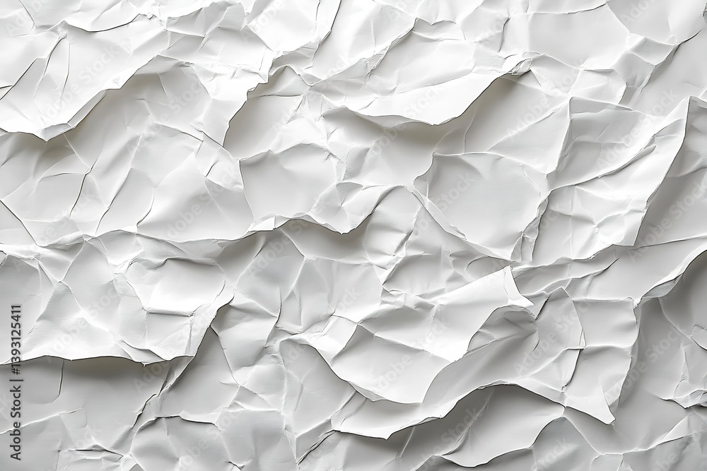 Fototapete Abstract White Crumpled Paper Texture Background Closeup Detail Showing Folds Wrinkles Creases for Design : Generative AI