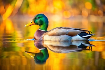 Fototapeta premium A Double Exposure of a Mallard Duck on a Pond Capturing Natures Beauty and Reflection in Stunning Detail