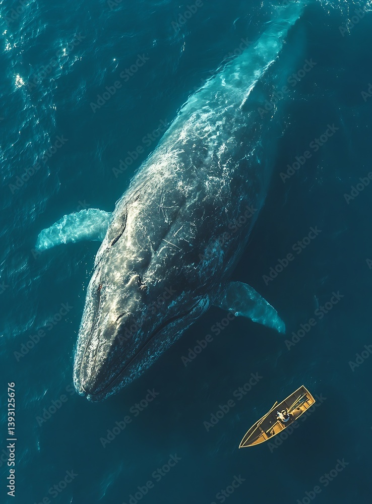 Poster aerial view of a majestic whale swimming near a small boat creating a breathtaking ocean scene : gen