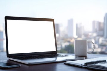 Fototapeta premium a laptop with a white, blank screen on an office desk