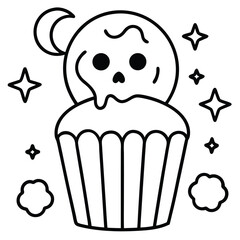 Halloween coloring page Sweet birthday cupcake illustration with pink icing and a cup, a cute dessert snack 