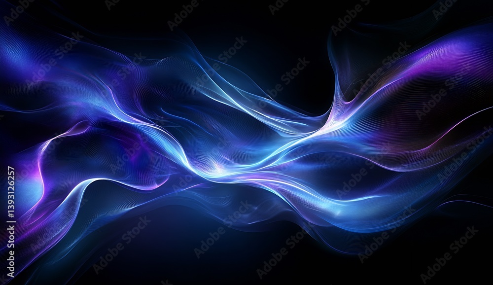 Poster ethereal waves of blue and purple flowing gracefully in a soft cosmic space : generative ai