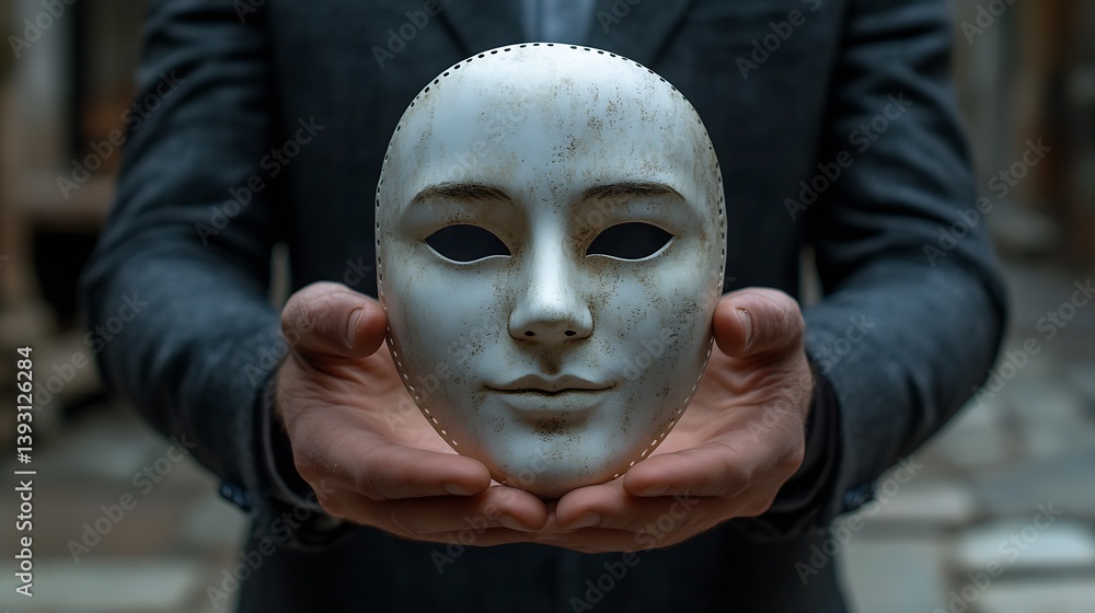Aufkleber Elegant Style of Individual Presenting a White Mask Symbolizing Deception or Hidden Truth : Generative AI