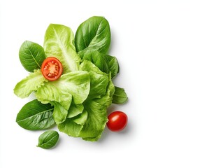Fresh and vibrant green lettuce leaves decorated with a juicy red tomato on top in a beautifully arranged healthy salad display