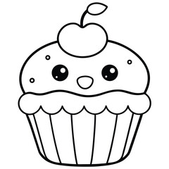 Sweet pink cupcake with cherry, a delicious vector illustration coloring pages
