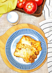 Freshly baked lasagna with meat and gruyere cheese