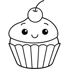 Sweet pink cupcake with cherry, a delicious vector illustration coloring pages