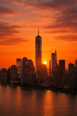 Obraz premium Stunning Sunset Over City Skyline With Sun Setting Behind Skyscrapers by the River