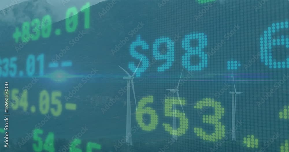 Poster wind turbines and financial data processing animation over mountainous landscape