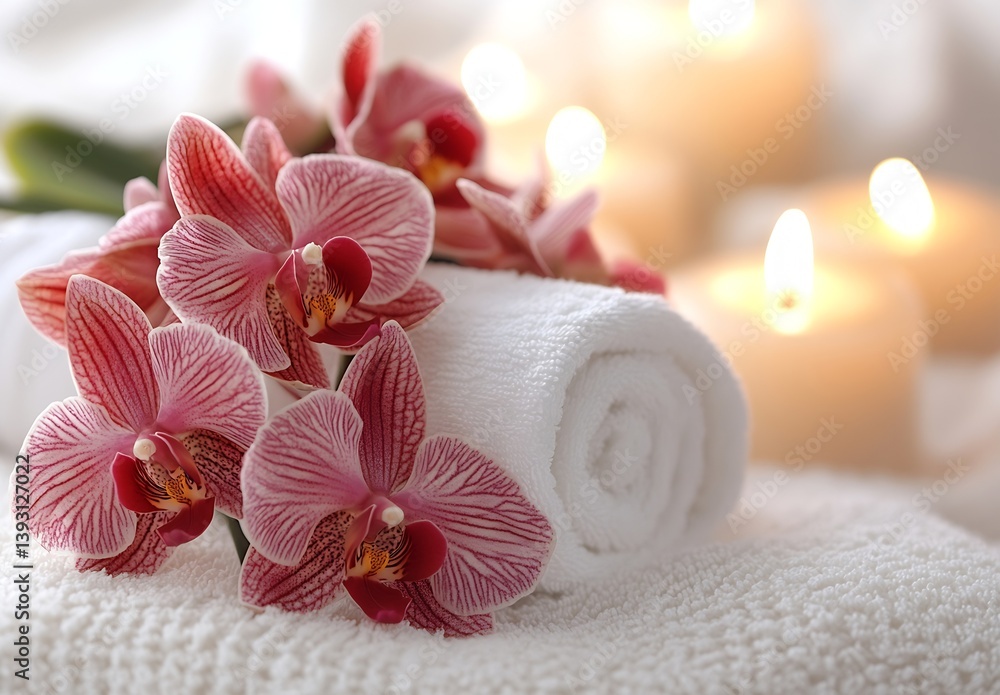 Poster elegant spa scene with pink orchids rolled towel and glowing candles for relaxation and wellness : g