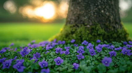 Obraz premium Purple Field of wild violets blooming in a dense green meadow, creating a peaceful nature scene