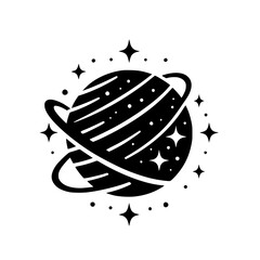 Black and White Saturn-like Planet Illustration with Stars