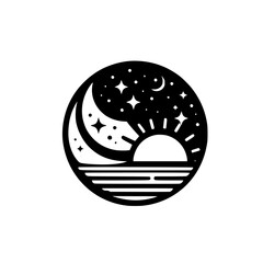 Celestial Harmony: Day/Night Scene in Circle, Vector Illustration