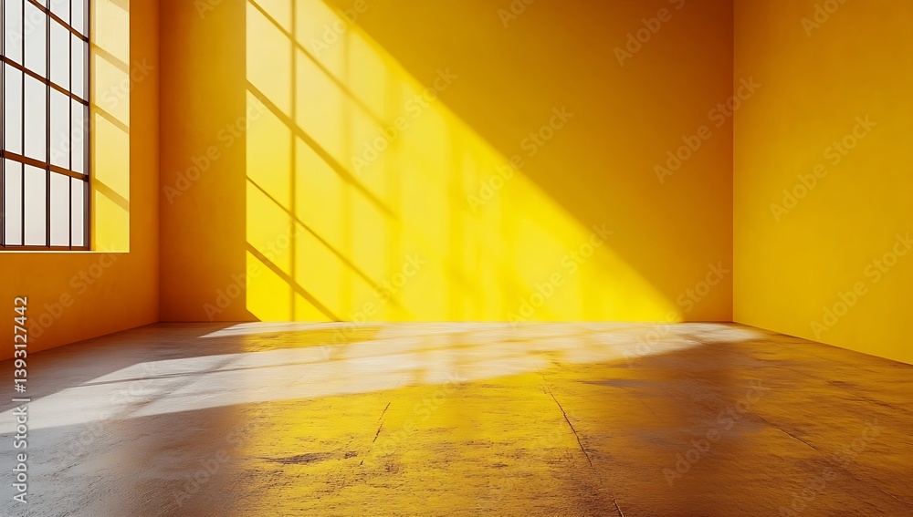 Poster Empty Yellow Room with Sunlight Streaming Through Window Creating Dramatic Shadows : Generative AI
