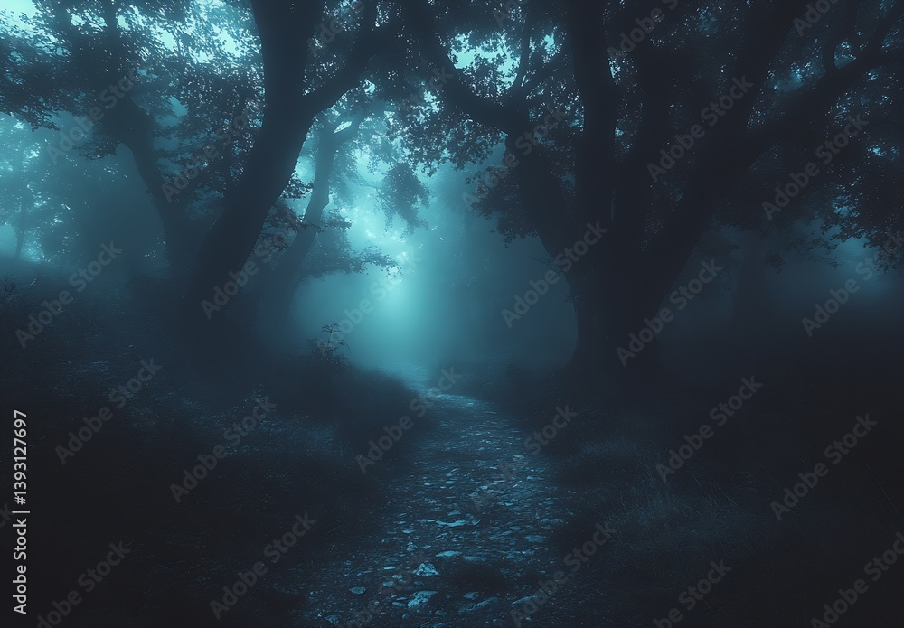 Aufkleber gloomy forest scene featuring a winding path under eerie soft blue glow : generative ai
