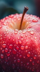 Close up of a red apple with droplets of water present