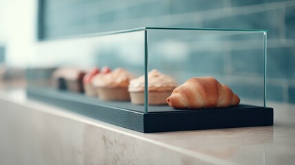 Beautiful glass display case featuring a delicious croissant highlighting the craftsmanship and artistry of bakery creations in a cozy setting