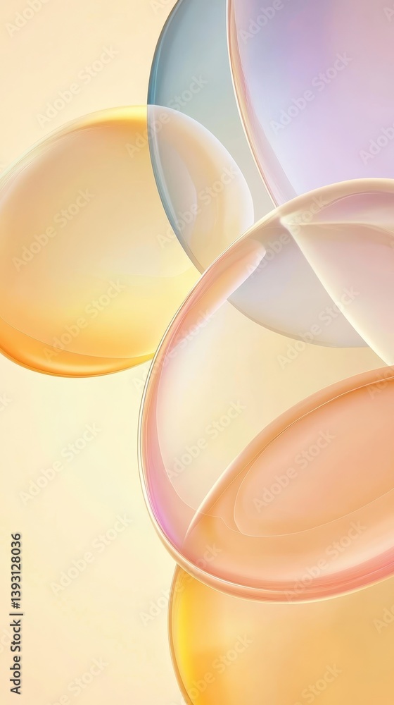 Poster translucent pastel spheres gently overlapping on soft yellow background, representing minimalist des