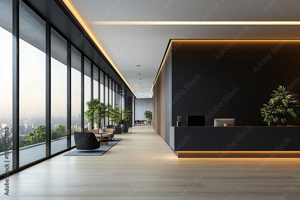 Fototapete Modern Office Lobby Interior Design Minimalist Style Reception Area with Large Windows and City View in the Distance : Generative AI