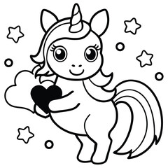 Adorable Unicorn Holding Hearts | Cute Unicorn Line Art Drawing