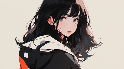 Anime Girl with Black Hair and Orange Jacket