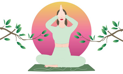 Woman in yoga pose on yoga mat with sun and branches, meditating woman, lady, girl, female exercising, cardio workout, Pilates