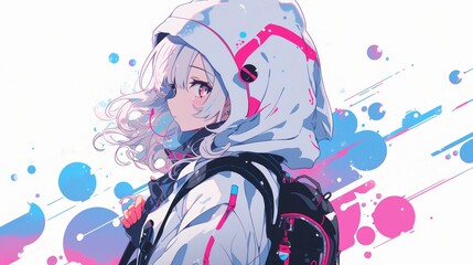 Anime Girl in Hoodie, Futuristic Style Artwork