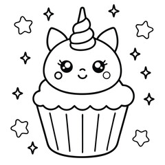 Cute kawaii coloring pages  vector illustration of a set of pink birthday cupcakes, a delicious sweet dessert with cream and chocolate icing