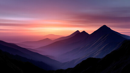 A peaceful sunset over a mountain range, with the sky transitioning from soft pinks and oranges to deep purple as the sun sets.A peaceful sunset over a mountain range, with the sky transitioning from 