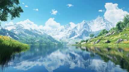 Fototapeta premium A serene mountain landscape with a pristine lake reflecting the clear blue sky 