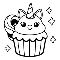 Cute kawaii coloring pages  vector illustration of a set of pink birthday cupcakes, a delicious sweet dessert with cream and chocolate icing