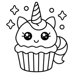 Cute kawaii coloring pages  vector illustration of a set of pink birthday cupcakes, a delicious sweet dessert with cream and chocolate icing