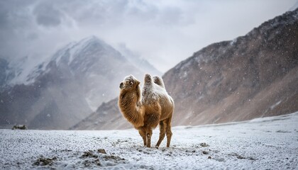 Naklejka premium Bactrian Camel in Snow Storm ,Ladakh, India, Ladakh, India