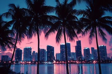 Obraz premium Miami Skyline at Sunset with Palm Trees Silhouetted Against Pink and Blue Sky Reflected in Water : Generative AI