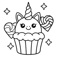 Cute kawaii coloring pages  vector illustration of a set of pink birthday cupcakes, a delicious sweet dessert with cream and chocolate icing