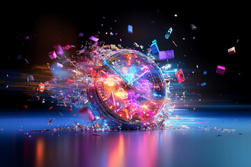 Abstract Futuristic Clock Dissolving into Drifting Streams of Data, Representing Timelessness and Vibrant Colors in a High-Tech, Digital World