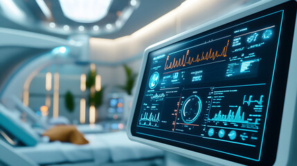 Obraz premium Close-up of a futuristic medical monitor displaying vital signs and data in a modern hospital room. The background is blurred, showing advanced medical equipment.