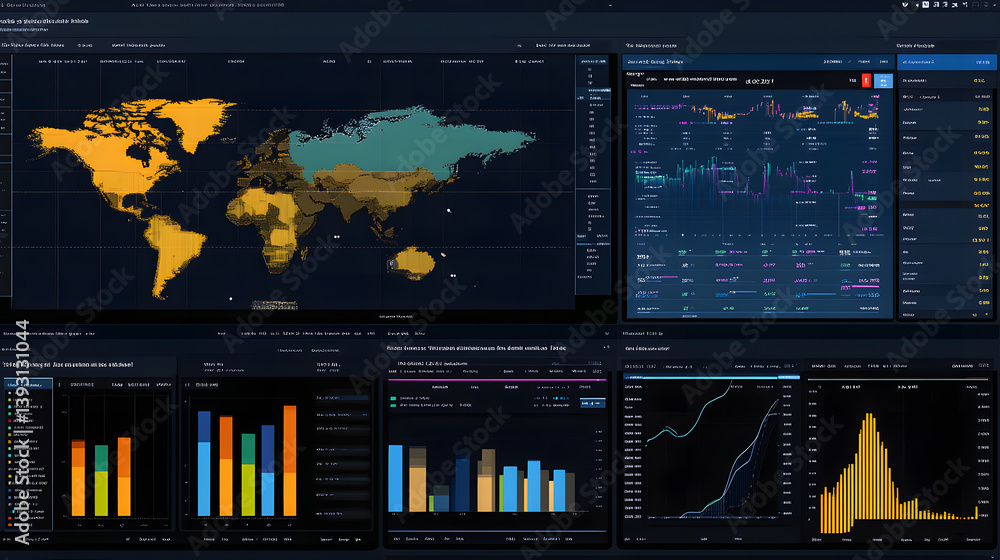 Poster dark themed dashboard displays global data visualizations. includes world map, charts, graphs, and v