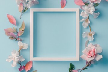 Obraz premium Pastel blooms surround a snowy frame conveying serenity against a tranquil blue backdrop
