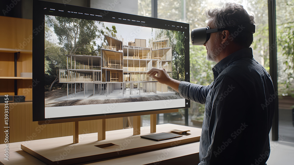Aufkleber an architect uses vr technology to interact with a 3d model of a modern building displayed on a larg