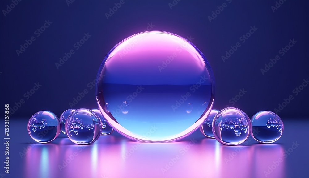 Poster Translucent bubble with vibrant colors and reflections on a smooth surface creating an artistic focal point : Generative AI